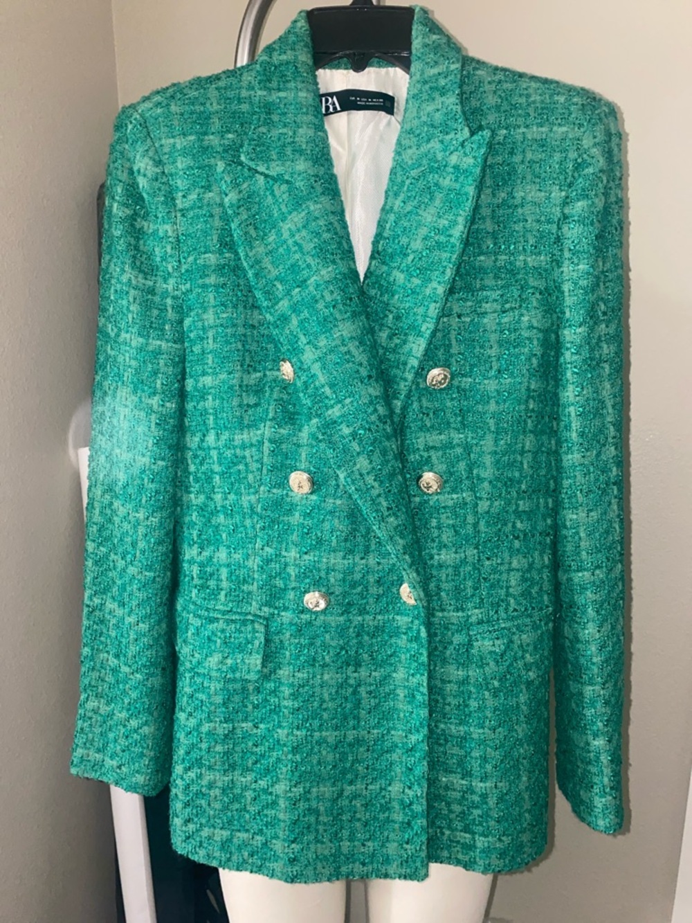 Zara Emerald Green Tweed Double-Breasted Blazer